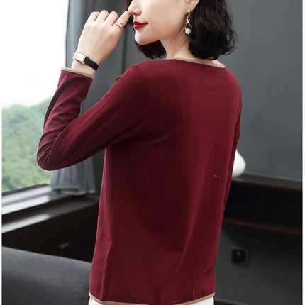 Long-sleeved T-shirt Women's Spring and Autumn New Solid Color Round Neck Base Shirt Thin Slim-fit Slimming Cotton Casual Top