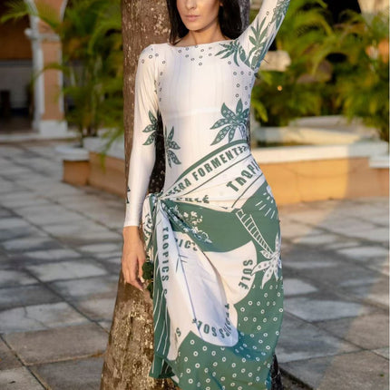 2025 European and American Foreign Trade New Bikini Amazon Digital Printing Long Sleeve Sunscreen Skirt Women's Swimsuit