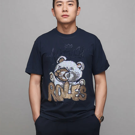 Punk Costume Cool Personality Heavy Trendy Brand Hot Drilling Panda Carto Bear Wide Short-sleeved T-shirt Fat Plus Size