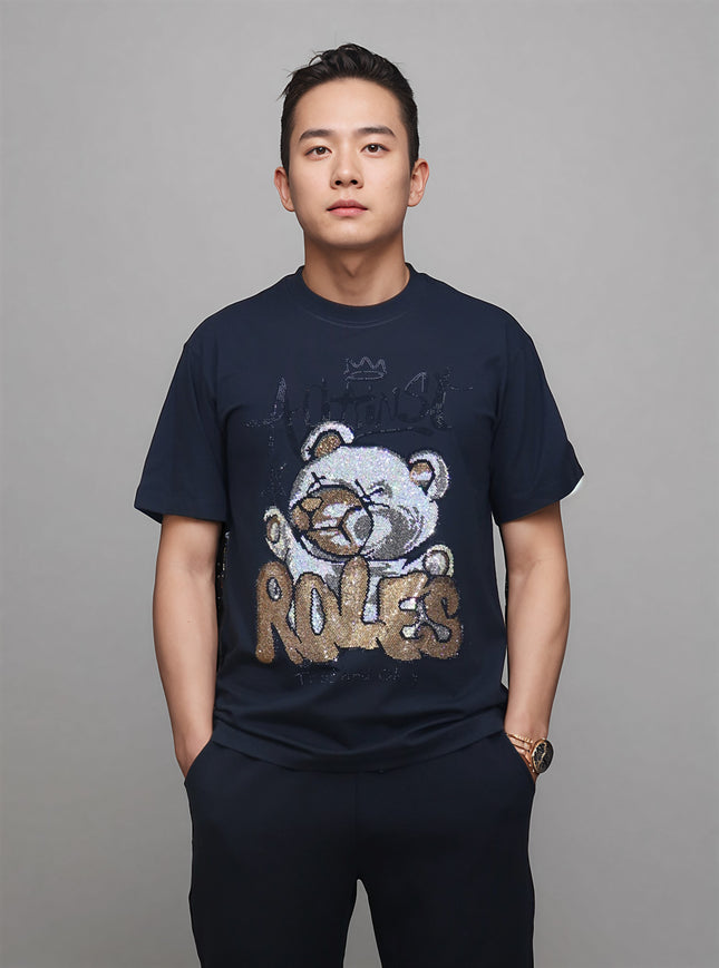 Punk Costume Cool Personality Heavy Trendy Brand Hot Drilling Panda Carto Bear Wide Short-sleeved T-shirt Fat Plus Size