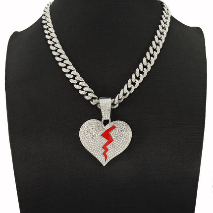 European and American Hip Hop Style Full of Red Oil Broken Heart Pendant Chain Necklace Personality Clavicle Chain Sweatshirt Necklace Chain