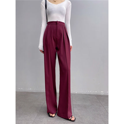 Fan-Favorite: New Spring/Summer Burgundy Pants, Old Money Style Wide-Leg Pants for Women, Drapey Loose Straight-Leg Pants, Casual Suit Pants