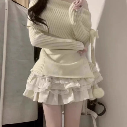 off-shoulder ambience long-sleeved sweet sweater top little cake pure skirt academic style suit