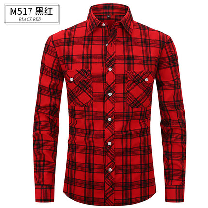 Spring and Summer Slim Amazon Fashion Brushed Plaid High-End Long-Sleeved Double Pocket Flannel Men's Shirt