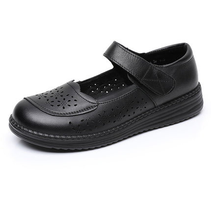 Genuine Leather Round Head Widened Women's Shoes Summer Flat Heeled Soft Bottom Mother Shoes Breathable Comfortable Hollow Hole Shoes Factory Outlet