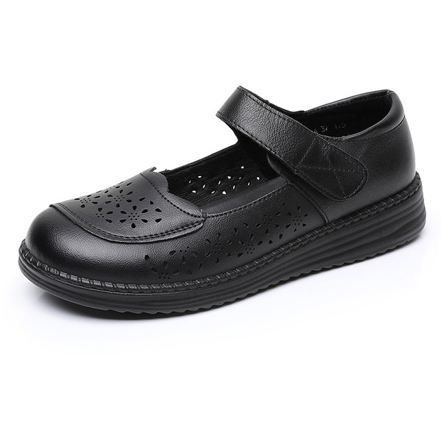 Genuine Leather Round Head Widened Women's Shoes Summer Flat Heeled Soft Bottom Mother Shoes Breathable Comfortable Hollow Hole Shoes Factory Outlet