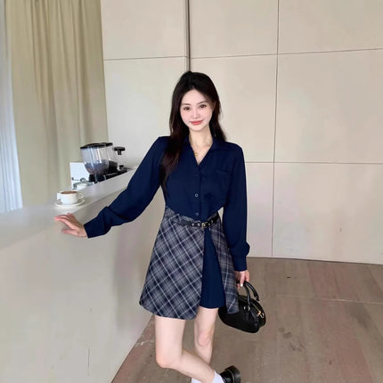 Fashionable Design Fake Two-Piece Shirt Dress Early Spring New Women's French Style Plaid Short Skirt