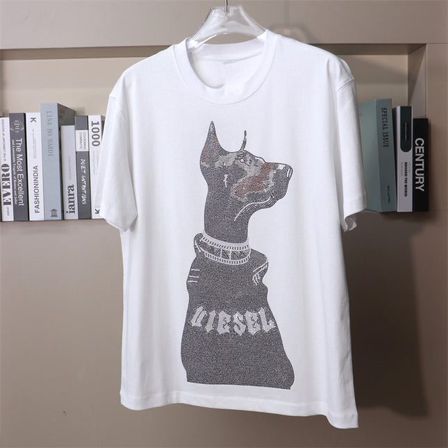 American Heavy Rhinestone Doberman Black Diamond Dog Short-sleeved T-shirt Plus Large Size Chubby Guy Personality Niche Design