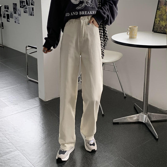 White wide-leg jeans for women 2024 Autumn New Korean style high waist loose pear-shaped straight mop pants