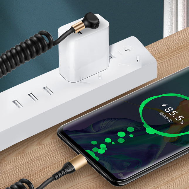 Super fast charging usb single elbow spring telescopic car mobile phone data cable navigation antifreeze type c charging cable