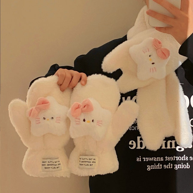 Cartoon Sweet Girl Pink Cat Scarf Winter Warm Thickeneded Cute Plush Windproof Student Scarf White