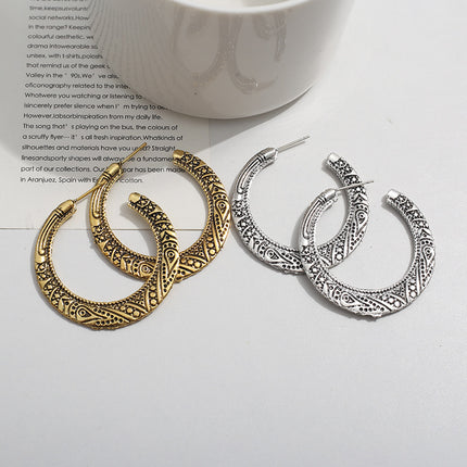 European and American exaggerated retro big earrings simple temperament popular geometric alloy Xizang pattern carved C- shaped ear studs earrings for women
