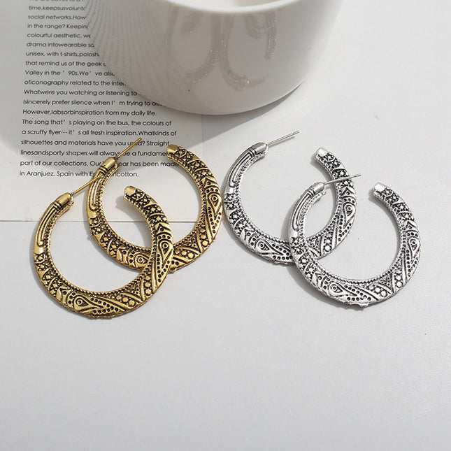 European and American exaggerated retro big earrings simple temperament popular geometric alloy Xizang pattern carved C- shaped ear studs earrings for women