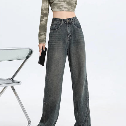 Retro Distressed Wide-leg Jeans for Women Summer 2024 New American High-waisted Loose Slimming Look Draped Floor-length Pants