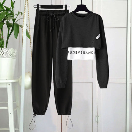 Fried Street Age-reducing Western Style Three-piece Suit Women's 2021 Spring Fashion Short Sweater Sports Casual Trendy Pants