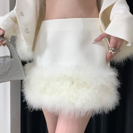 European and American Niche Design, Chanel-Style Single-Breasted Blazer with High-Waisted Fur-Trimmed Hem Skirt Set for Women