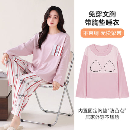 Xinkan Double-Sided Pure Cotton Pajamas for Women, Quality Fashionable Long-Sleeved with Chest Pads, Cotton Women's Home Wear Set That Can Be Worn Outside