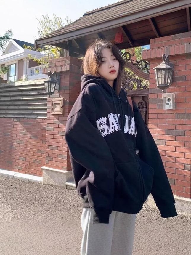Factory Straight Hair Retro National Fashion fleece-lined Cardigan Hooded Sweater Women's 2023 Autumn and Winter New Loose Lazy Wind Couple