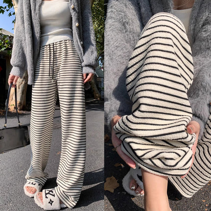 Maternity fleece-lined Black and White Striped Towel Velvet Wide Leg Pants Autumn and Winter New Loose Drawstring Sports Pants Casual Pants