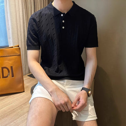2025 Summer Polo Collar Cable Texture Simple and Versatile Elegant Short-Sleeved Knitwear Korean Style Casual Top