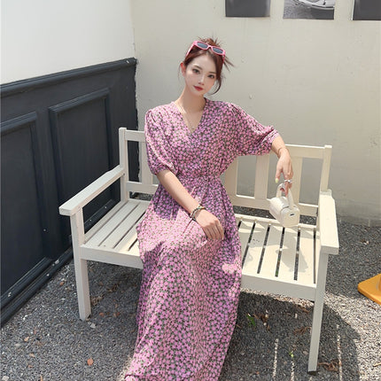 Cotton floral dress 2024 new thin waist pure wind Amazon artificial cotton beach dress fairy dress