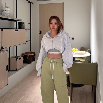 New 2026 Spring and Autumn Korean Style Hooded Solid Color Simple American-Style Zip-Up Cardigan Jacket, Trendy Crop Top Sweatshirt for Women