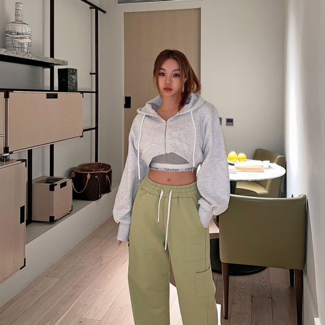 New 2026 Spring and Autumn Korean Style Hooded Solid Color Simple American-Style Zip-Up Cardigan Jacket, Trendy Crop Top Sweatshirt for Women