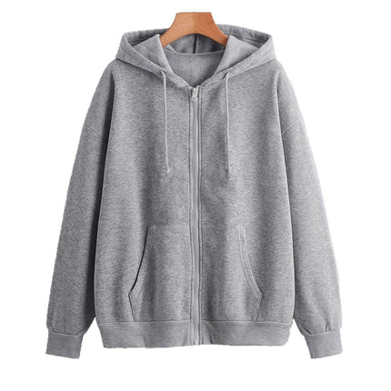 Amazon Aliexpress Cross-Border European and American Clothing 2025 Autumn and Winter Velvet Zipper Loose Pure Color Hooded Sweatshirt for Women