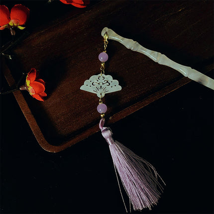 Purple Folding Fan Ink Painting Tassel Hair Hairpin Antique High-end Feeling Disc Hair Hairpin Step-up Women's Hanfu Hair Hairpin Headwear