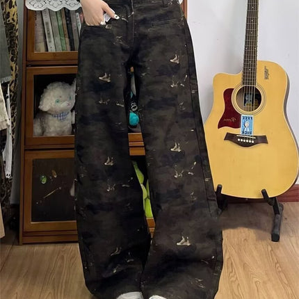 American High Street Retro Camouflage Wide-Leg Jeans for Women, Trendy High-Waisted Loose Slimming Petite Floor-Length Straight Pants