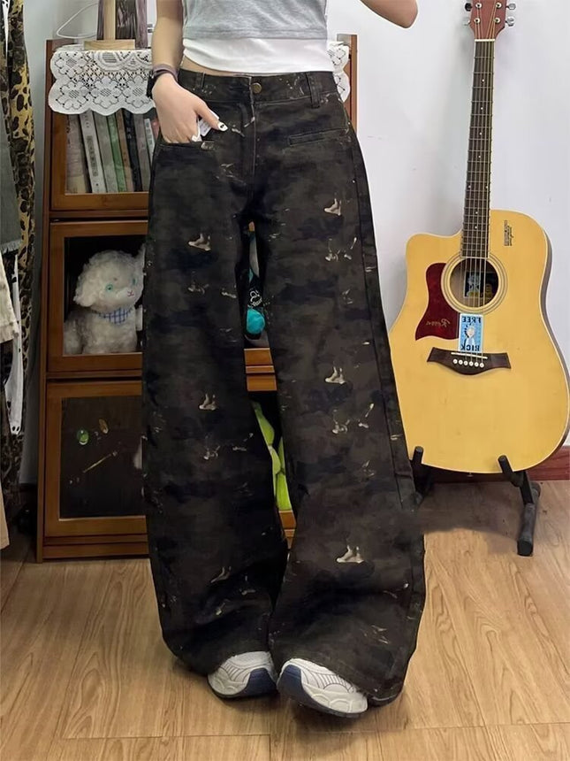 American High Street Retro Camouflage Wide-Leg Jeans for Women, Trendy High-Waisted Loose Slimming Petite Floor-Length Straight Pants