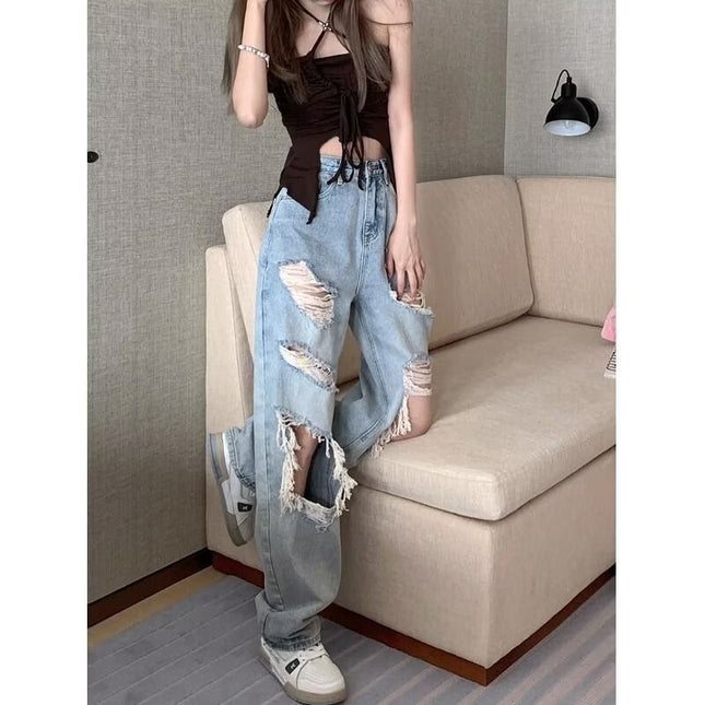 American Retro Washed Light Blue Ripped Jeans for Women Summer Casual Loose Slimming Straight Wide-Leg Floor-Length Pants