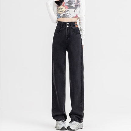 Women's Versatile Retro Blue Floor-Length Pants, Stylish High-Waisted Straight-Leg Jeans, Slimming 2025 Drapey Wide-Leg Pants, Trendy