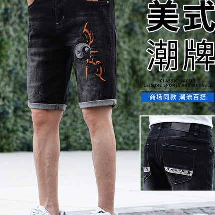 Cross-Border Popular Summer Men's Jeans Straight Fashion Street Fashion High-End Casual Elastic Five-Point Pants New Style