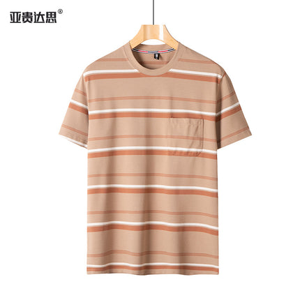 Dad summer striped short sleeve T-shirt new middle-aged men's round neck pocket loose middle-aged plus size top