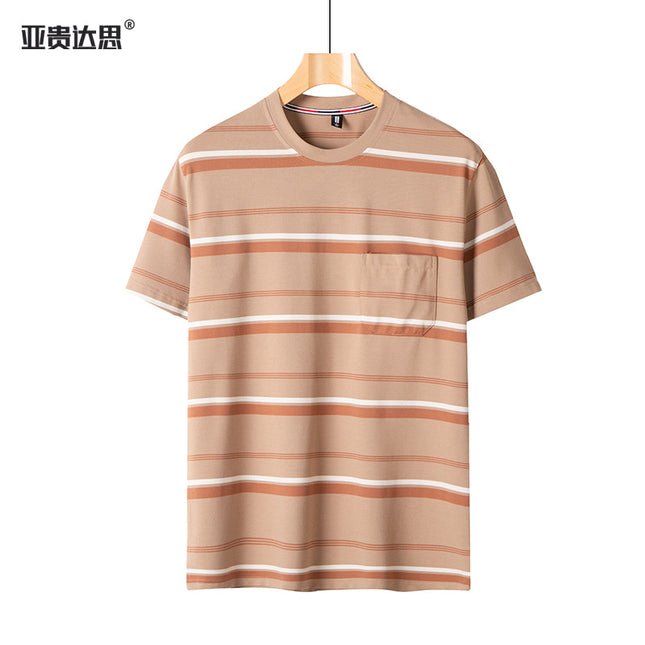 Dad summer striped short sleeve T-shirt new middle-aged men's round neck pocket loose middle-aged plus size top