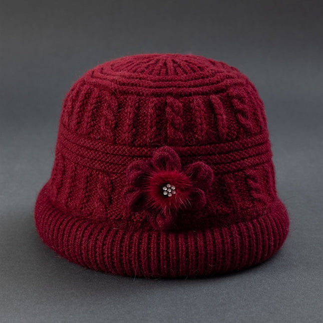 Middle-aged and elderly autumn and winter mother's hat scarf set fleece-lined thickened warm wool knitted hat women's basin hat winter