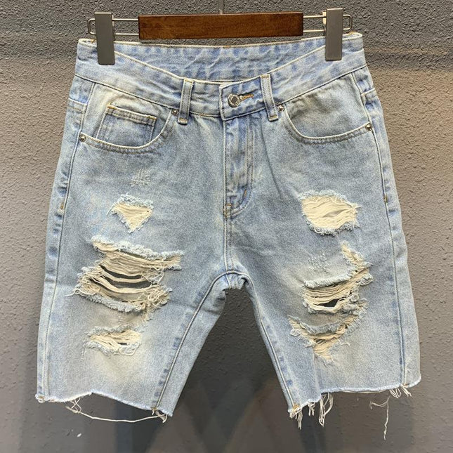 Ripped Denim Shorts for Men, Light-Colored Knee-Length Shorts, Trendy Versatile Men's Loose Frayed Mid-Length Shorts, Distressed Shorts for Summer