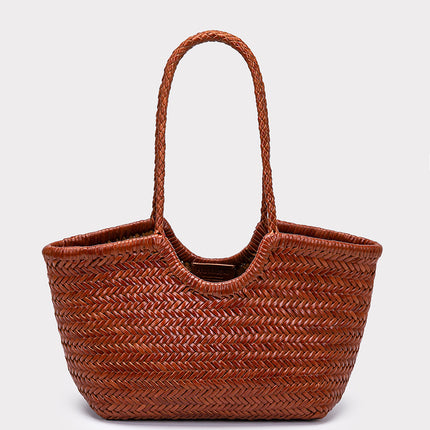 New French Style Leather Woven Bag Retro Top Layer Cowhide Vegetable Basket Ins Hot Selling Handmade Tote Bag for Spring and Summer