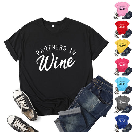 Foreign Trade Cross-border PARTNERS IN WINE Printed Short-sleeved Crewneck T-shirt European and American Men's and Women's Top Loose Casual