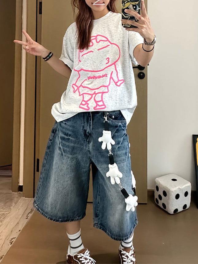 Vintage Fun Decorative Capri Pants Women's Summer Jeans High Waist Straight-Leg Loose American Style Capri Wide Leg Jeans