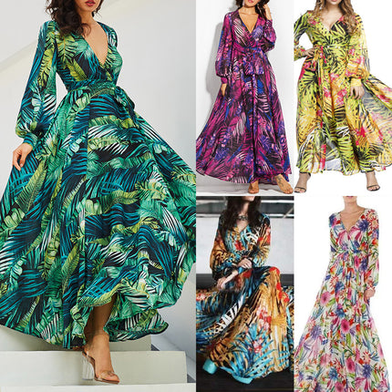 2025 Cross-Border Summer New Amazon European and American Lantern Sleeve Sexy Deep V Print Dress Green Leaf Long Skirt