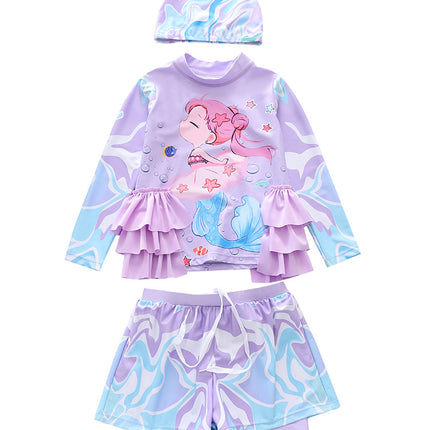 New Children's Swimsuit for Girls, Korean Style, Trendy Double-Layered Cover-Up Skirt, Two-Piece Swimwear for Baby Girls and Students