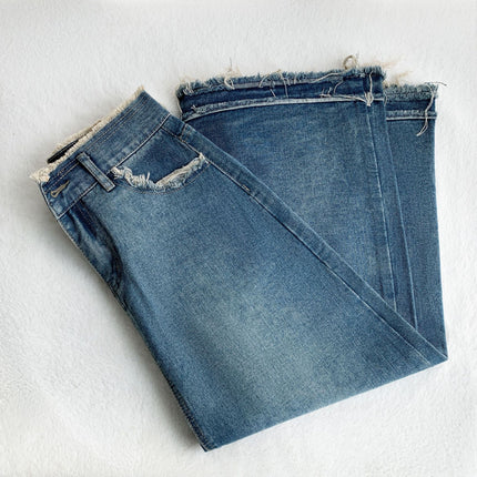 Pear-shaped figure recommend Korean style new retro frayed Denim skirt women's high waist mid-length A- line skirt small