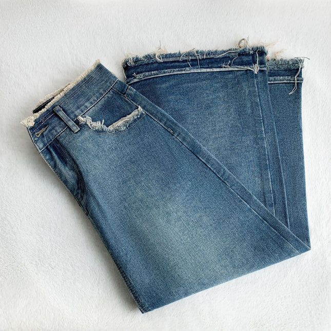 Pear-shaped figure recommend Korean style new retro frayed Denim skirt women's high waist mid-length A- line skirt small