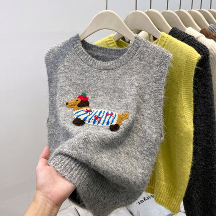 Cartoon Dachshund Dog Embroidered Knitted Vest for Women 2026 Spring New Style Layered Fashionable Soft Sleeveless Sweater