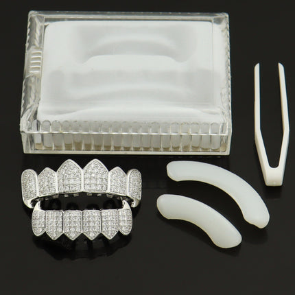 Cross-border 18K electroplated real gold micro-inlaid 4A zircon two-color hip-hop braces for men and women vampire fangs dentures suit