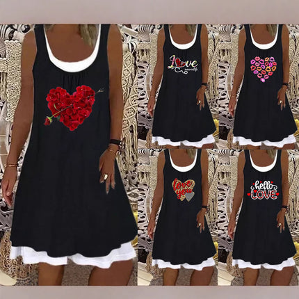 In-Stock 2025 European and American Style Aliexpress Wish Independent Site Fashion Casual Heart Print Faux Two-Piece Sleeveless Dress