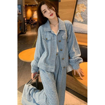 Xiao Xiang style Denim suit women's autumn 2024 new fashion sense foreign style age-reducing wide leg pants two-piece set