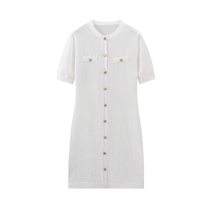 European and American Style Summer Women's European and American Fashion Round Neck Single-Breasted Short-Sleeved Slim Knitted Mini Dress